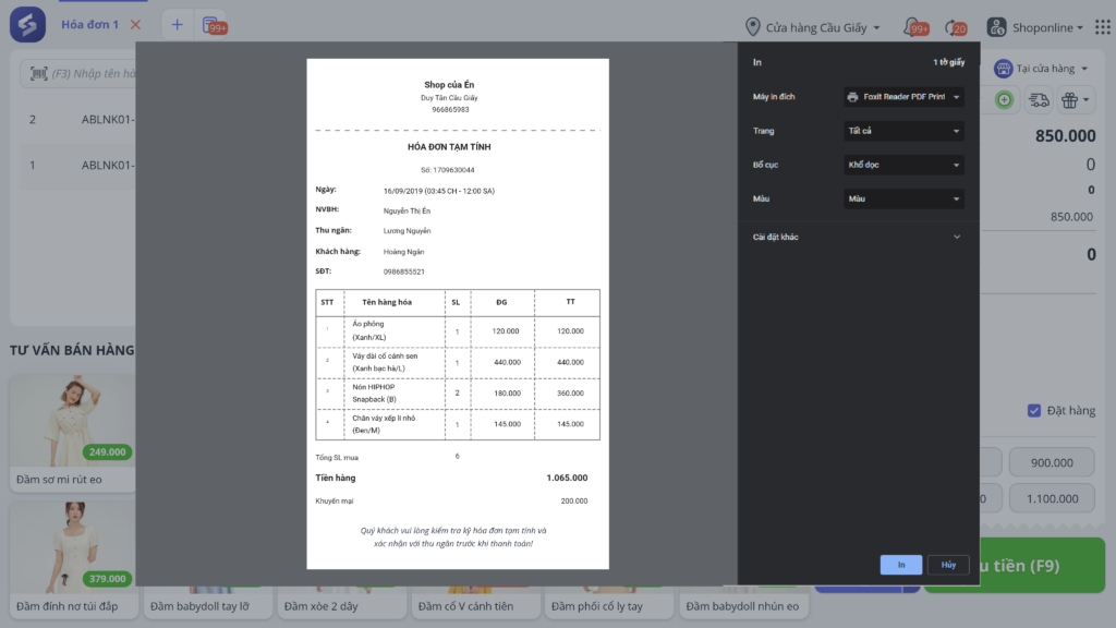 In hóa đơn bán hàng trên MISA eShop