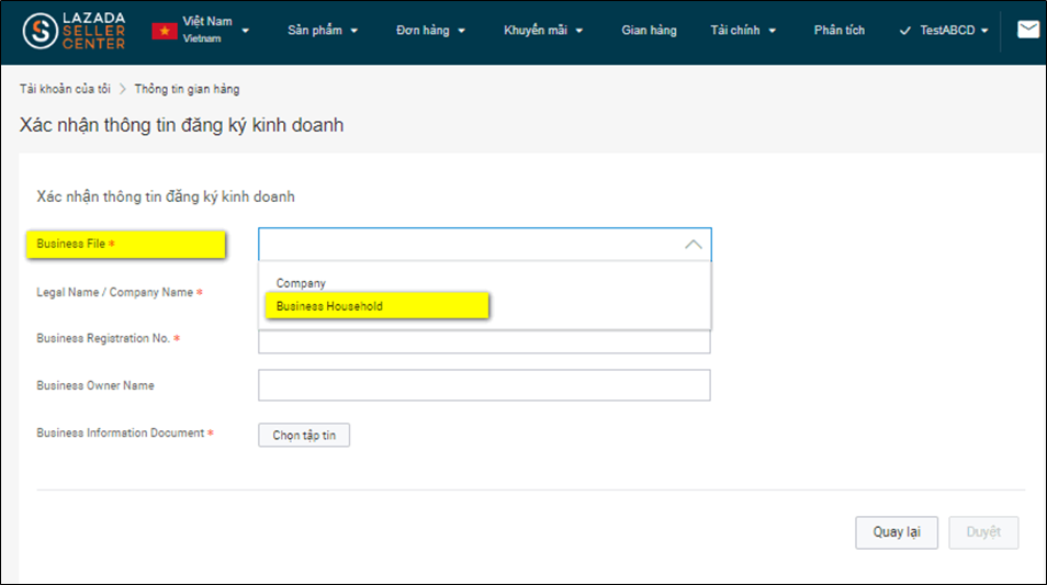 Xác nhận thông tin đăng kí kinh doanh trên Lazada 