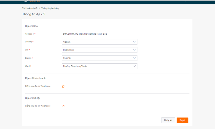 Điền thông tin gian hàng, địa chỉ