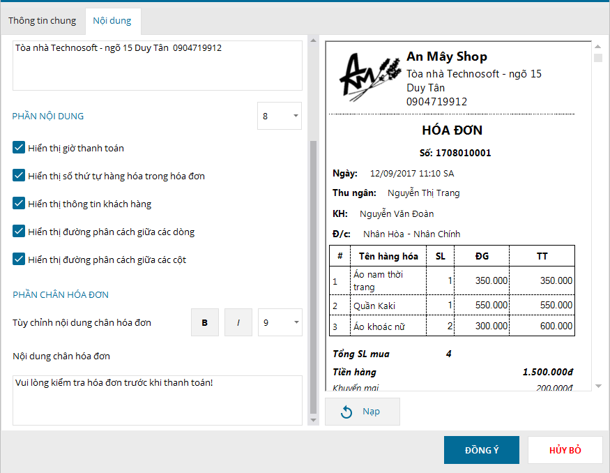 Tùy chỉnh mẫu hóa đơn trên MISA eShop
